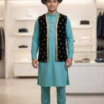 Elegant Sea Green Panjabi with Embroidered Black Velvet Waistcoat Set