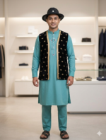 Elegant Sea Green Panjabi with Embroidered Black Velvet Waistcoat Set