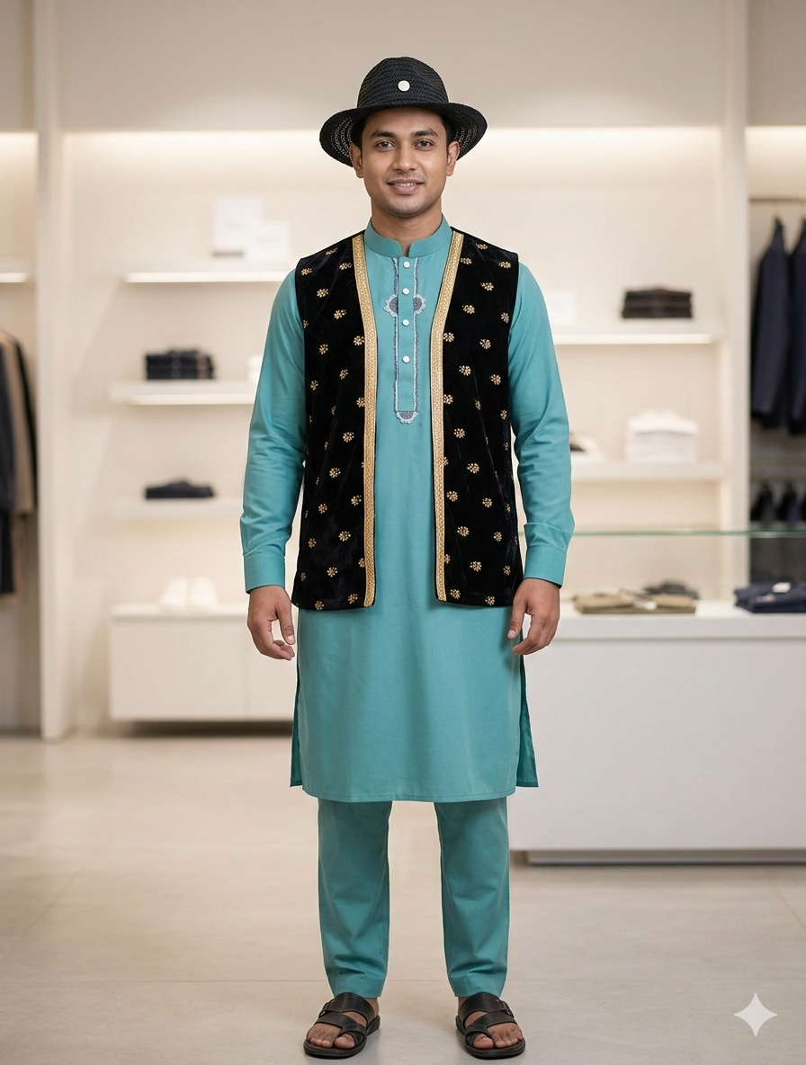 1772579272523 Elegant Sea Green Panjabi with Embroidered Black Velvet Waistcoat Set - Image 1