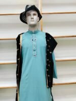 Elegant Sea Green Panjabi with Embroidered Black Velvet Waistcoat Set - Image 2