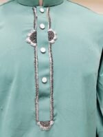 Elegant Sea Green Panjabi with Embroidered Black Velvet Waistcoat Set - Image 3